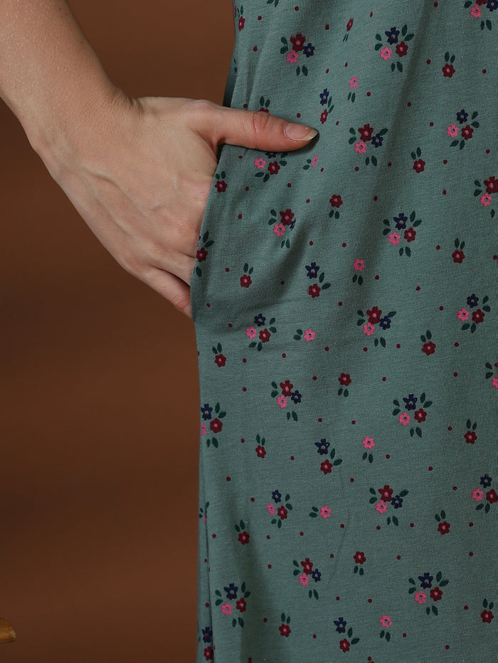 Green cotton blend premium front open nighty for women