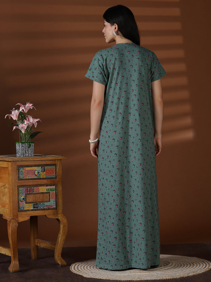 Green cotton blend premium front open nighty for women