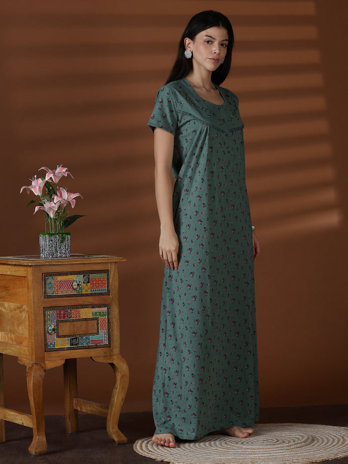Green cotton blend premium front open nighty for women