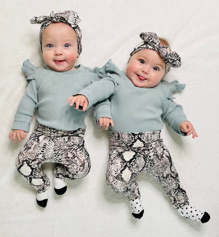 Twin Girls in Grey Snake Print Leggings