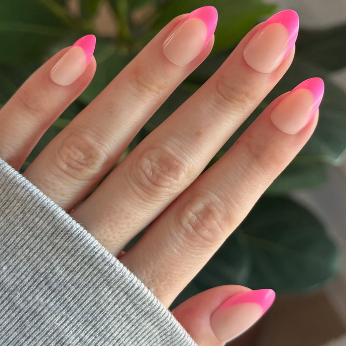 Hot Strawberry Chrome French - Press On | Medium | Almond with bright neon pink chrome tips on medium almond false nails manicure