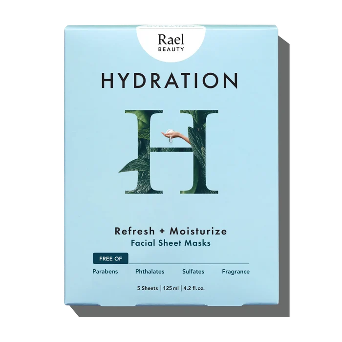 Blue Package of Rael Hydrating Face Masks to Refresh & Moisturize.
