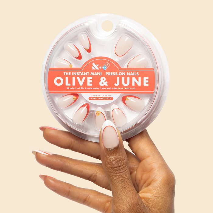 Hand holding I Heart Pizza French - Press-On | Medium | Almond nails with red French tips and heart pizza detail in round case