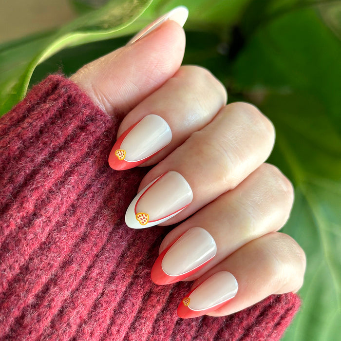 I Heart Pizza French - Press-On | Medium | Almond nails with red and white tips and tiny heart-shaped pizza accents on natural base