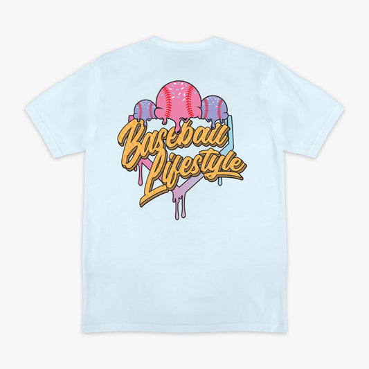 Adult model wearing blue Ice Cream Frosted graphic tee