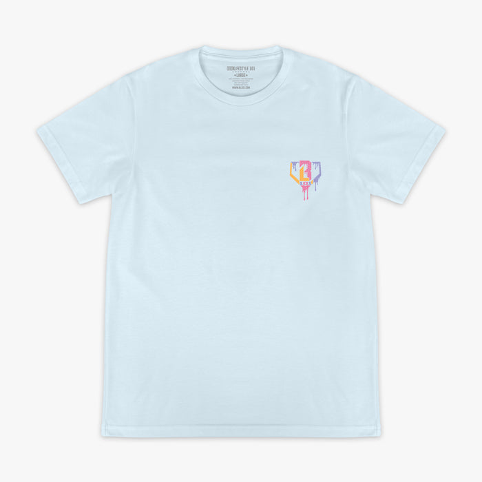 Adult model wearing blue Ice Cream Frosted graphic tee