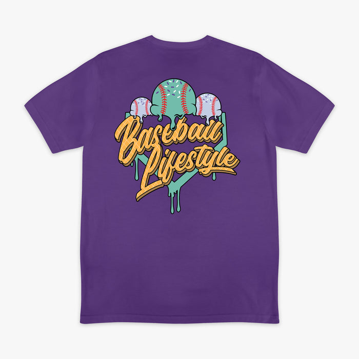 Adult model wearing ice Cream Galaxy Grape graphic tee