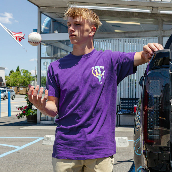 Adult model wearing ice Cream Galaxy Grape graphic tee