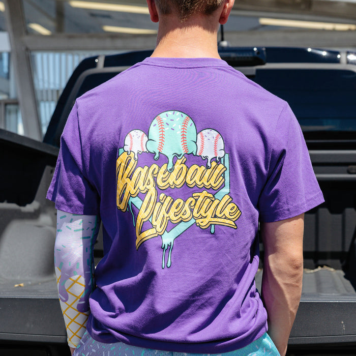 Adult model wearing ice Cream Galaxy Grape graphic tee