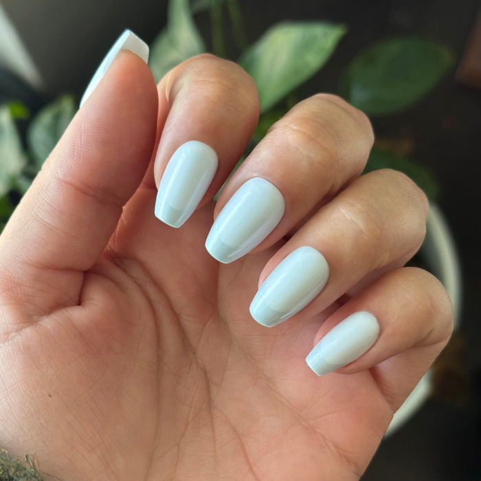 Icy Blue Velvet - Press On | Medium | Coffin false nails featuring soft icy blue polish with a smooth glossy finish