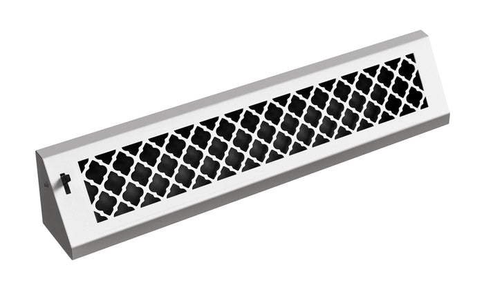 White Imperial baseboard vent cover with an ornate geometric lattice pattern front