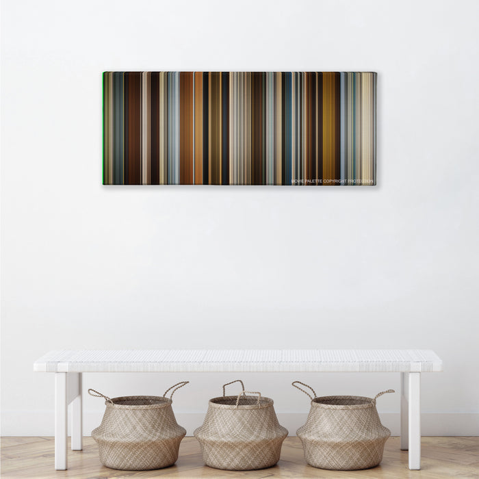 In Time color palette canvas above a white bench with three woven baskets