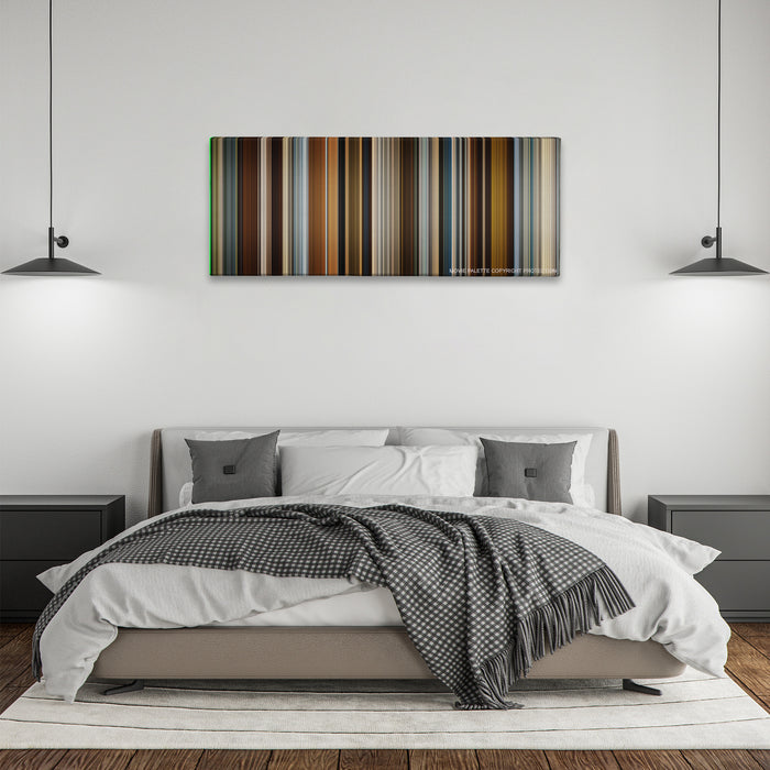 In Time color palette canvas above a bed, between two black pendant lamps