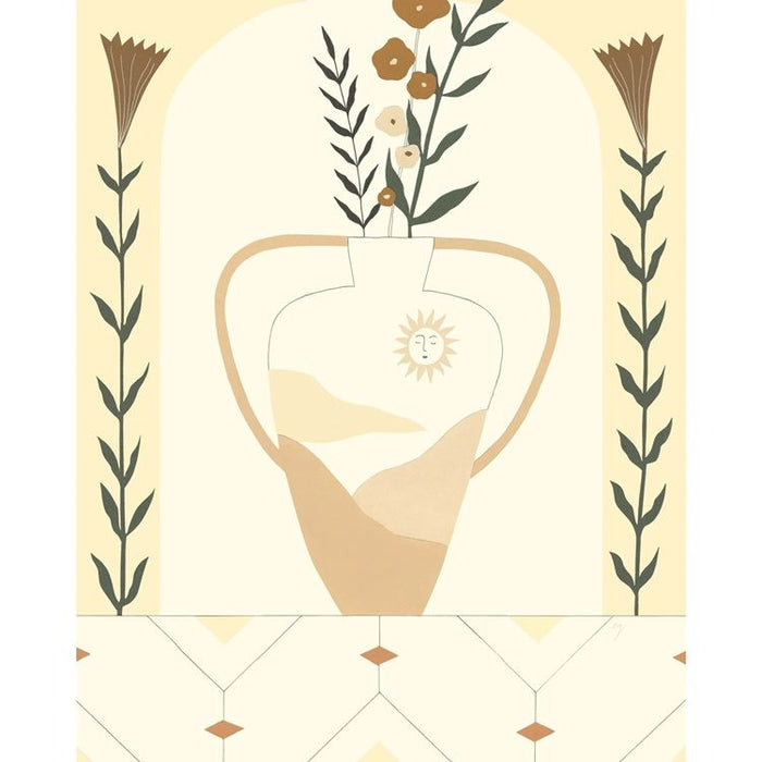 Square wall art print featuring abstract flowers in a vase, sun symbol over hands