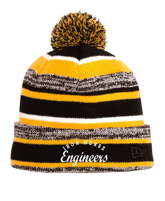 Iron Horse Yellow Stripe Pom Pom Beanie- Embroidered