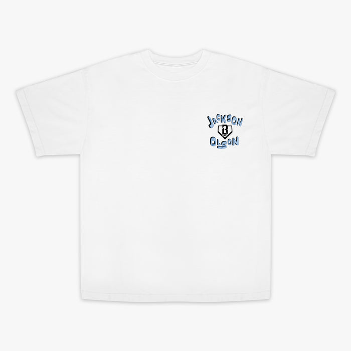 White t-shirt with black BL101 logo and blue 'Jackson Olson' text on a white background
