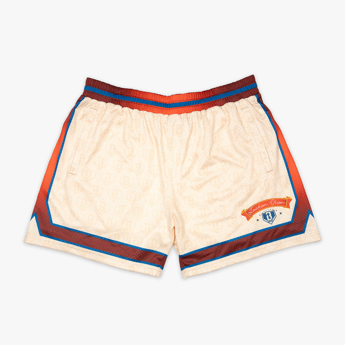 Beige shorts with orange and blue accents, BL101 Logo and 'Jackson Olson' text on a white background