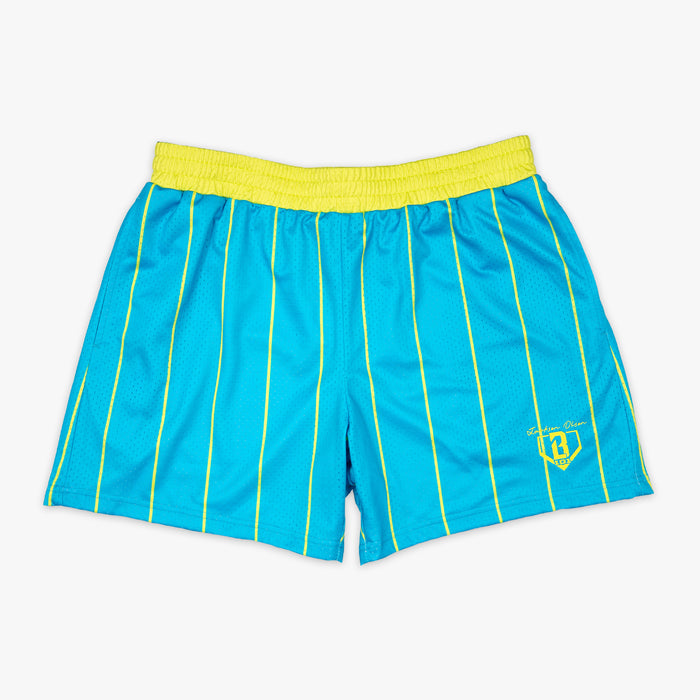 Blue shorts with yellow stripes and waistband  on a white background