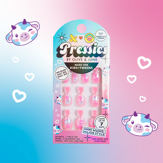 Kawaii Cow Chrome - Pressies | Extra Short Short | Round showing pink round false nails with cute cow face and heart designs