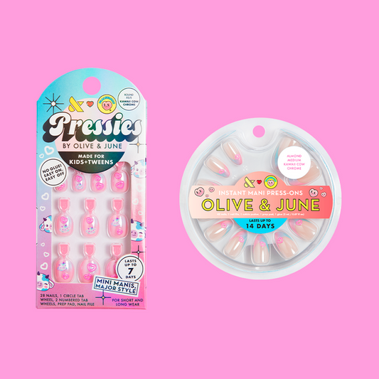 Kawaii Cow Set featuring press-on mani for kids and adults with cute nail designs by Olive and June
