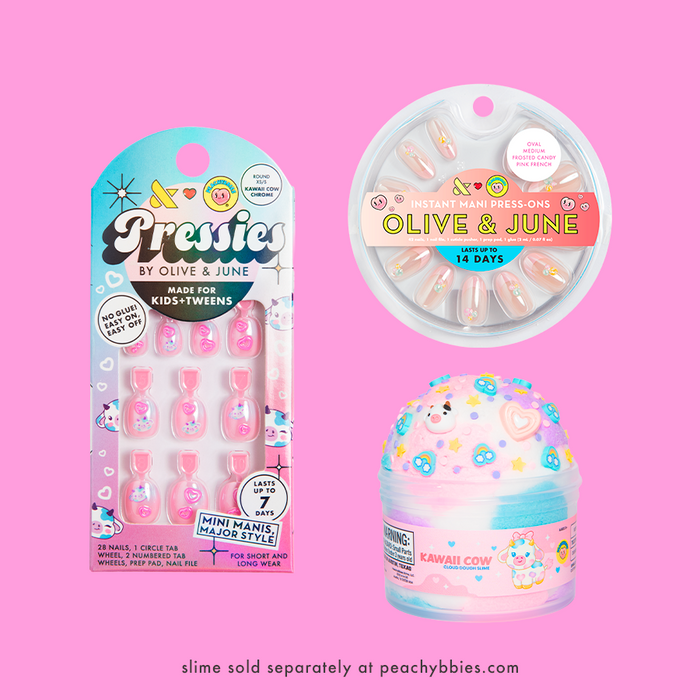Kawaii Cow Set featuring kids and adult press-on nails with pastel designs and matching slime container