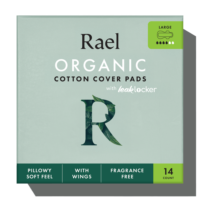 A box of Rael Organic Cotton Cover Pads with leaklocker, shown on a clean white background with a soft shadow. The packaging is a muted sage green with dark green accents, including a large decorative letter 'R' made of leaves, and a green badge indicating 'Large' and '14 count'.