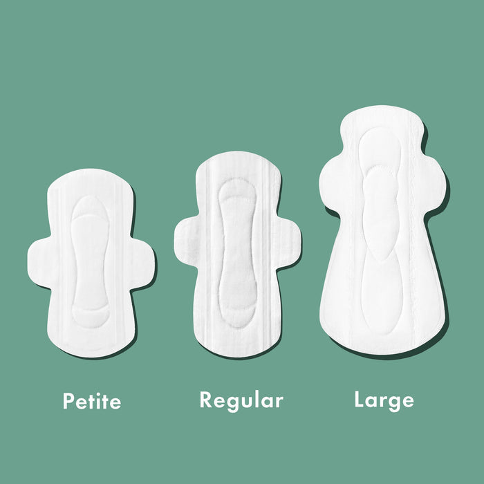Organic Cotton Cover Pads With Wings - Petite, Regular and Large side by side for size comparison
