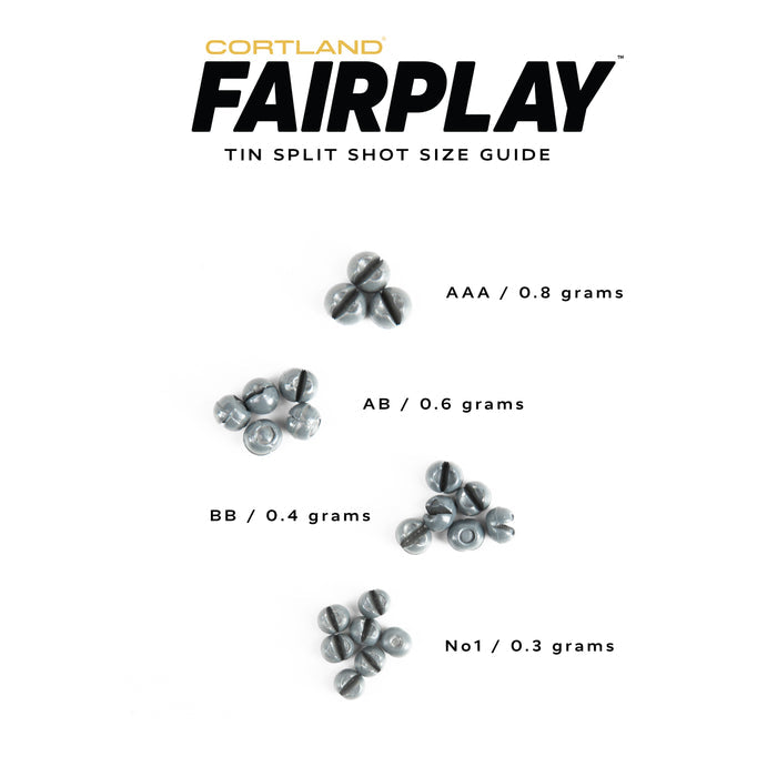 Fairplay Tin Split Shot Size Guide. It compares 0.8 grams, 0.6 grams, 0.4 grams, and 0.3 grams.