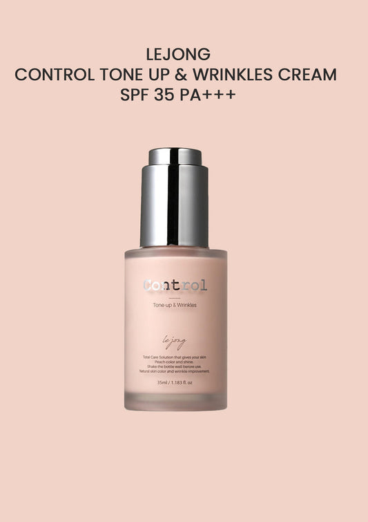 Lejong Control Tone Up & Wrinkles Cream bottle on a beige background