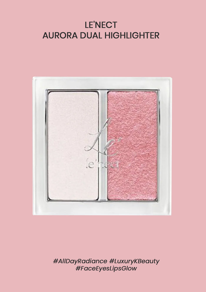 LE'NECT Aurora Dual Highlighter makeup pan with two rectangular pans, one matte pale pink and one shimmering rose pink, shown on a solid pink background with product text and hashtags.