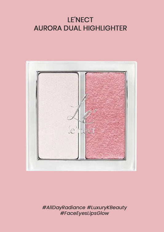 LE'NECT Aurora Dual Highlighter makeup pan with two rectangular pans, one matte pale pink and one shimmering rose pink, shown on a solid pink background with product text and hashtags.