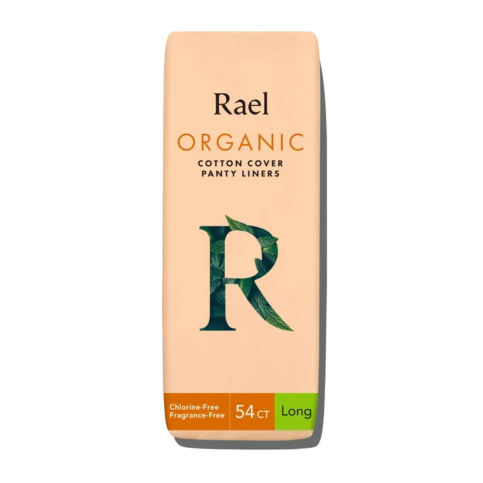 Packaging of Rael Organic Cotton Cover Panty Liners, showing an orange and green design with the product name and count '54 CT Long' displayed.