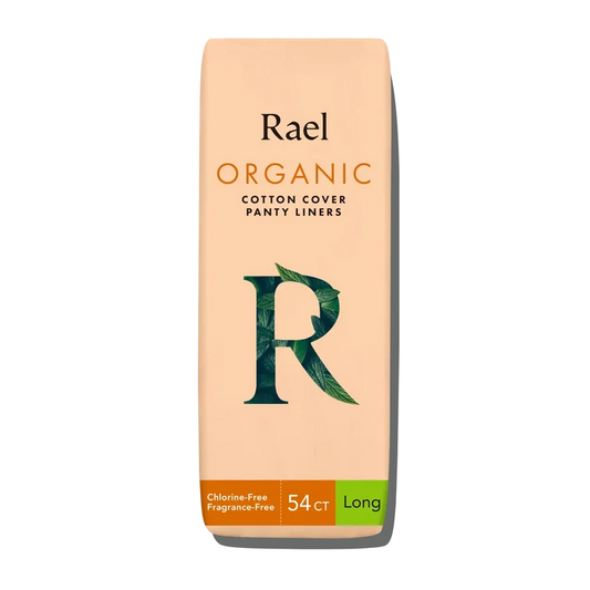Packaging of Rael Organic Cotton Cover Panty Liners, showing an orange and green design with the product name and count '54 CT Long' displayed.