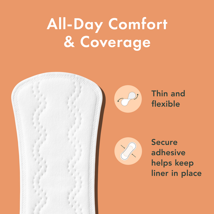 White sanitary pad with text on an orange background about comfort and coverage.