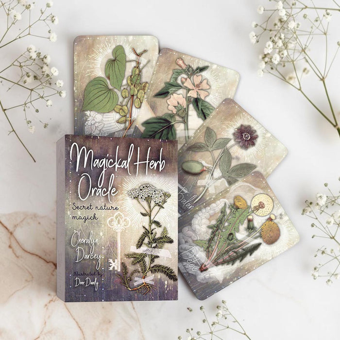 Magickal Herb Oracle cards with packaging on a marble surface with flowers.