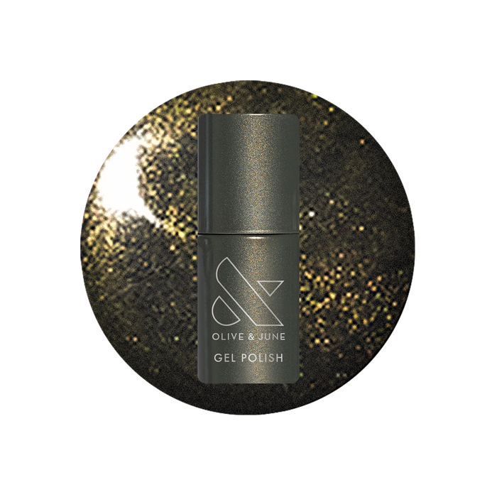 Martini Chrome Gel polish bottle shown with deep olive green and golden chrome shimmer for a luxe manicure by Olive and June