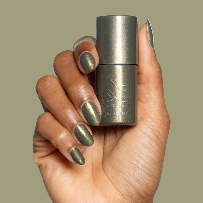 Martini Chrome Gel deep olive green gel polish on natural medium-length nails for a chic manicure by Olive and June