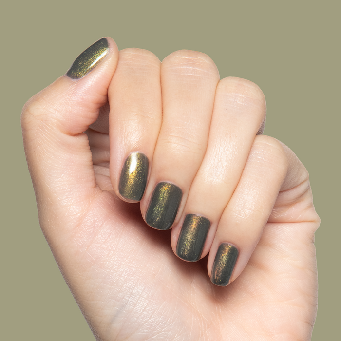 Martini Chrome Gel deep olive green with golden shimmer on natural medium-length nails for a polished mani
