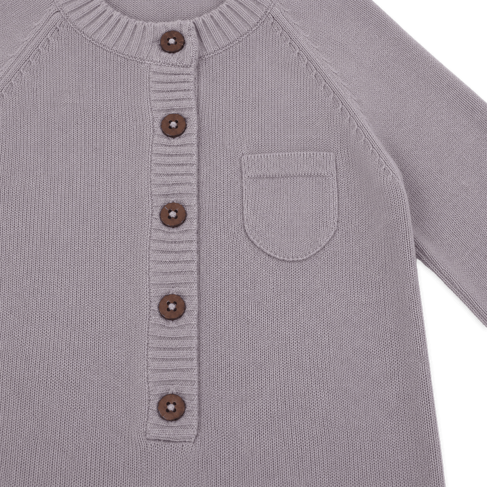 Close up of buttons on Viverano Milan Soft Organic Knit Grey Coverall Onesie for Babies- Baby Shower Gifts