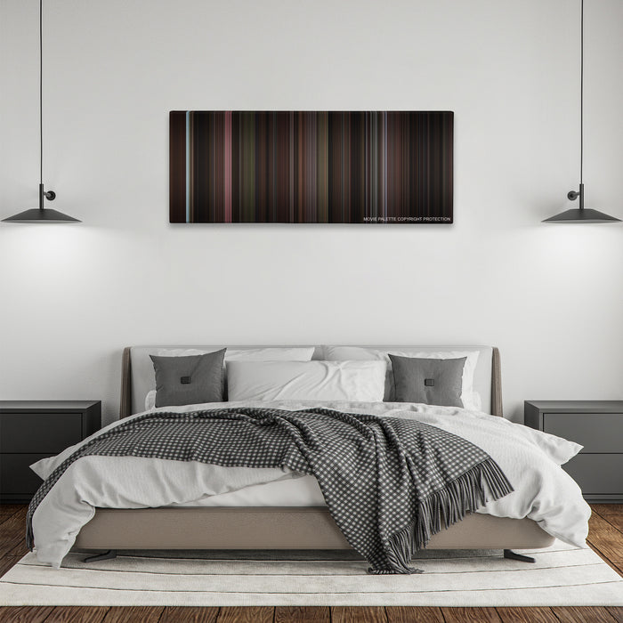 Miller's Crossing color palette canvas above a bed, between two black pendant lamps
