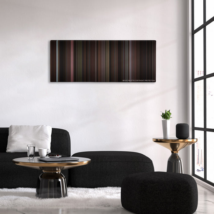 Miller's Crossing color palette canvas above a black sofa with a gold-topped table