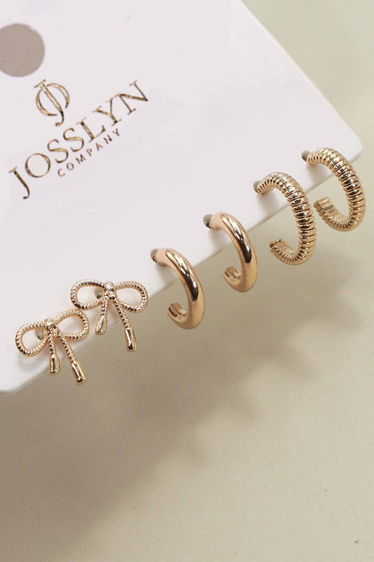 MINI BOW HUGGIE HOOP TRIO EARRINGS | 80E6406: Gold