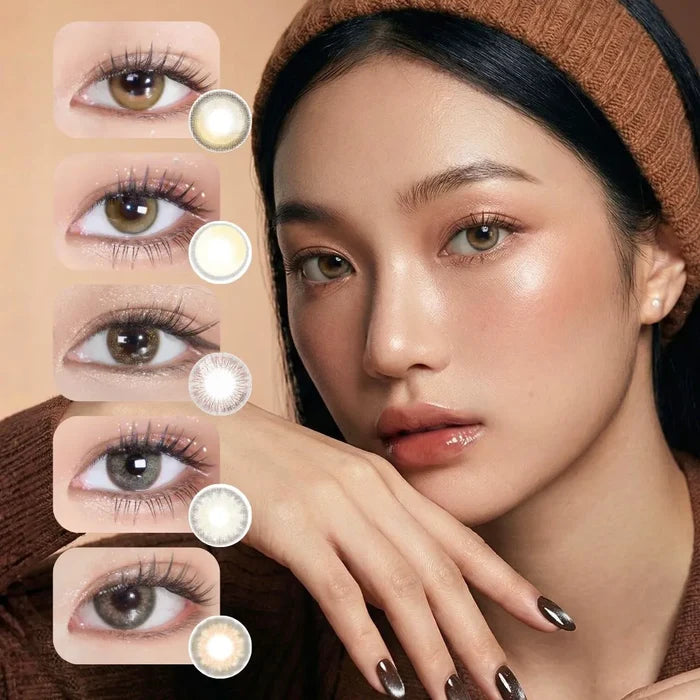 Promotional image showcasing the 'Color of 2025: Mocha Mousse Bundle,' featuring five pairs of colored contact lenses in shades like Sunlit Hazel, Biscuit Brown, Attitude Choco, Mirage Grey, and Sugarlook Brown, with a sleek and glamorous aesthetic