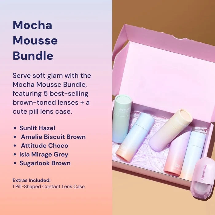 An open pink box displays five pastel lens cases and a pill-shaped case. Text describes the EyeCandys Mocha Mousse Bundle (5 Pairs), featuring brown contacts and a stylish pill lens case.