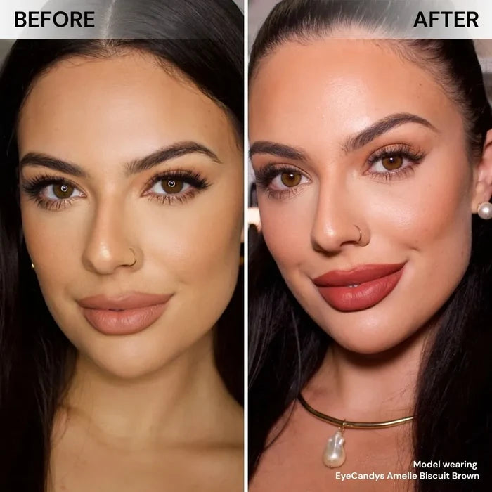 Model face before and after wearing EyeCandys Amelie Biscuit Brown prescription color contacts for soft, natural-looking brown eyes