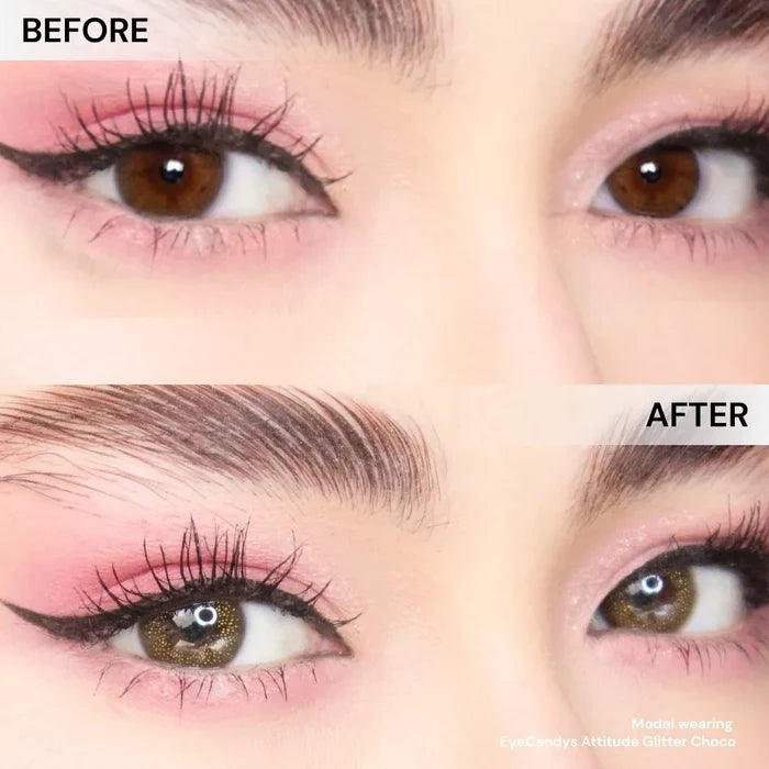 Close-up of eyes with pink eyeshadow and winged liner: top shows natural brown eyes ("before"), bottom shows eyes enhanced with EyeCandys Mocha Mousse Bundle (5 Pairs) prescription colored contacts ("after").