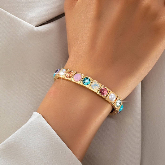 Multicolored Gemstone & Pearl Stretch Bracelet | GOLD