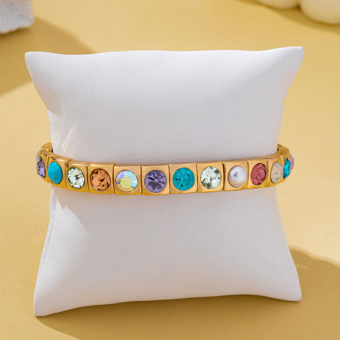 Multicolored Gemstone & Pearl Stretch Bracelet | GOLD