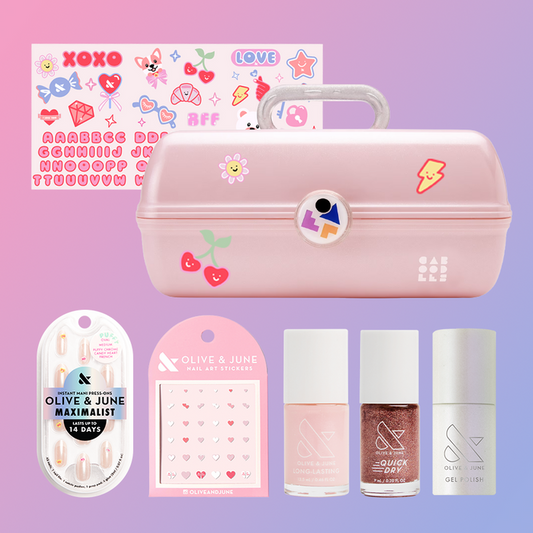 Nail Crush Caboodle Bundle with limited edition case, nail polishes, press-on nails, and jumbo decorative stickers for manis