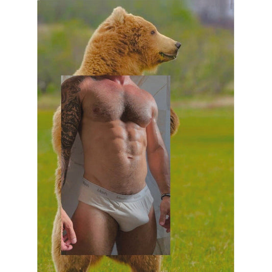 Queer collage postcard by Naro Pinosa combining a grizzly bear in a green field with a tattooed muscular male torso in white Mosh briefs.